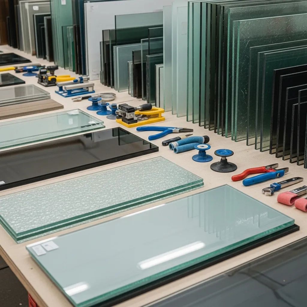 Atelier de vitrerie présentant divers panneaux de verre texturés et teintés, disposés sur une table à côté d'outils professionnels tels que des ventouses, des pinces et des coupe-verre à bruxelles