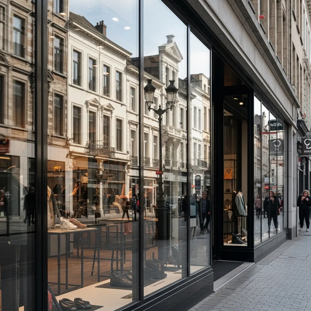 De grandes vitrines modernes de magasin de vêtements et chaussures reflétant l'architecture classique des bâtiments historiques et des lampadaires d'une rue commerçante animée à bruxelles