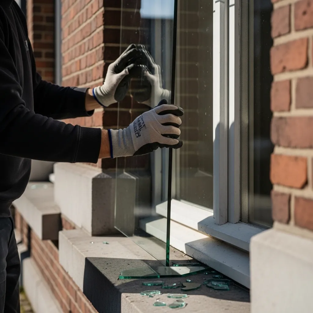 Gros plan sur les mains gantées d'un artisan manipulant une nouvelle vitre pour remplacer un
carreau cassé sur le rebord d'une fenêtre de bâtiment en briques à bruxelles