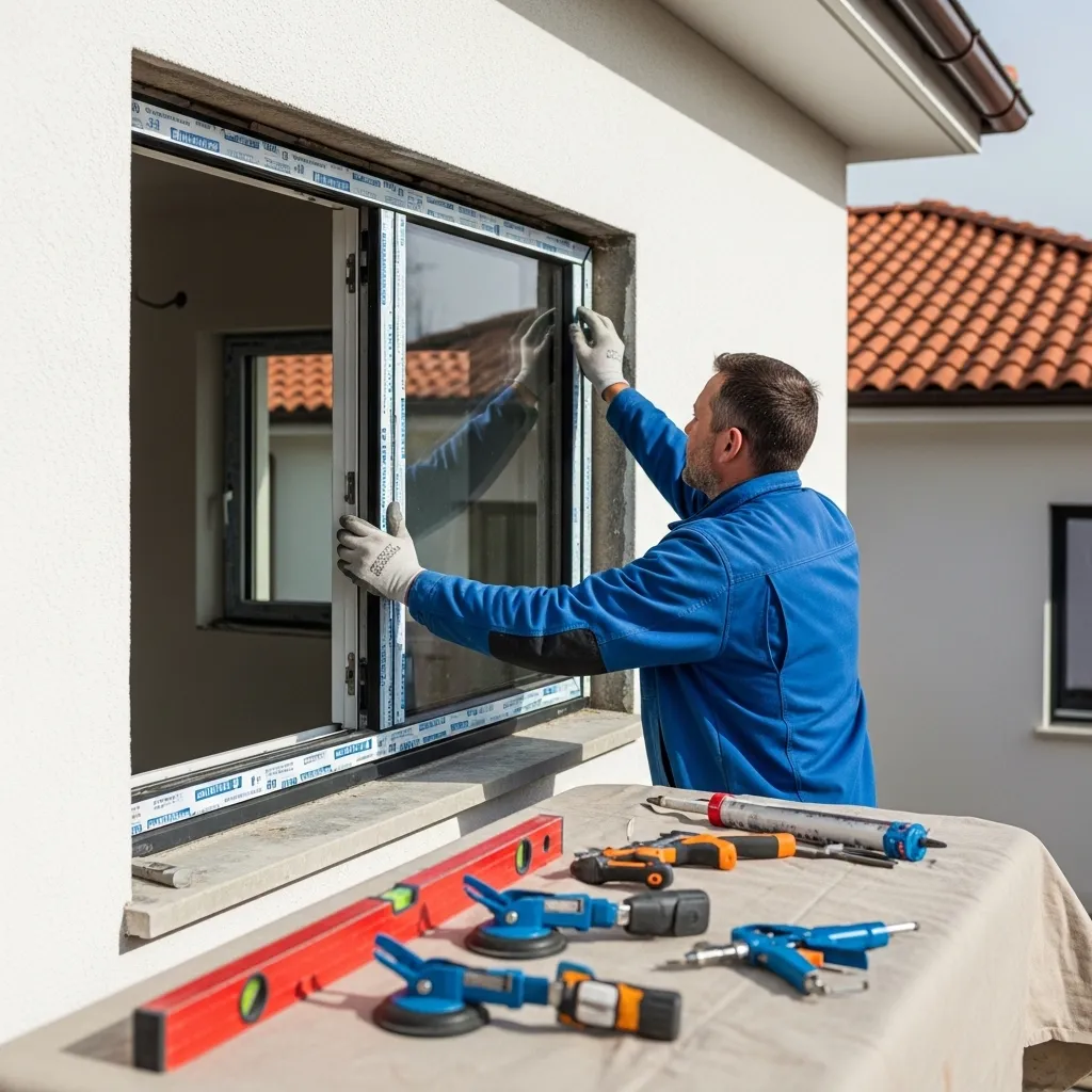  Un installateur en tenue bleue pose une nouvelle fenêtre à cadre blanc depuis l'extérieur
d'une maison, avec ses outils de nivellement, ventouses et pistolet à mastic posés au premier
plan à bruxelles