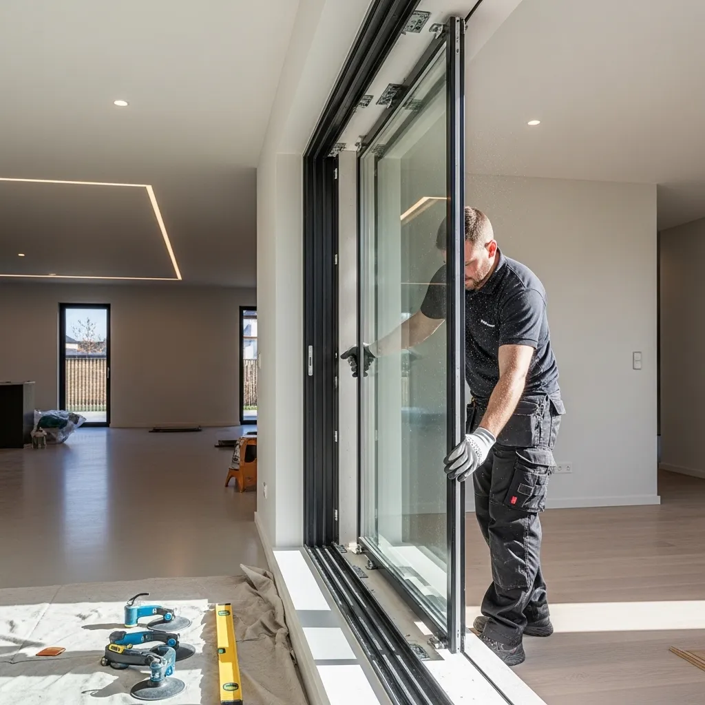 Un menuisier installateur met en place une grande baie vitrée coulissante à cadre noir dans une pièce intérieure moderne, spacieuse et lumineuse à bruxelles