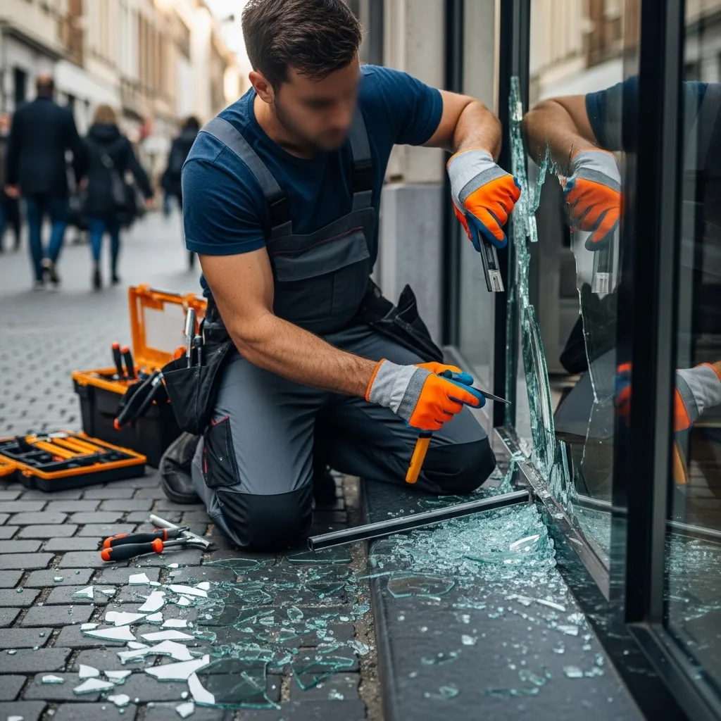 Un vitrier professionnel accroupi sur des pavés nettoie les débris de verre d'une vitrine de magasin brisée, avec sa boîte à outils ouverte à ses côtés à bruxelles